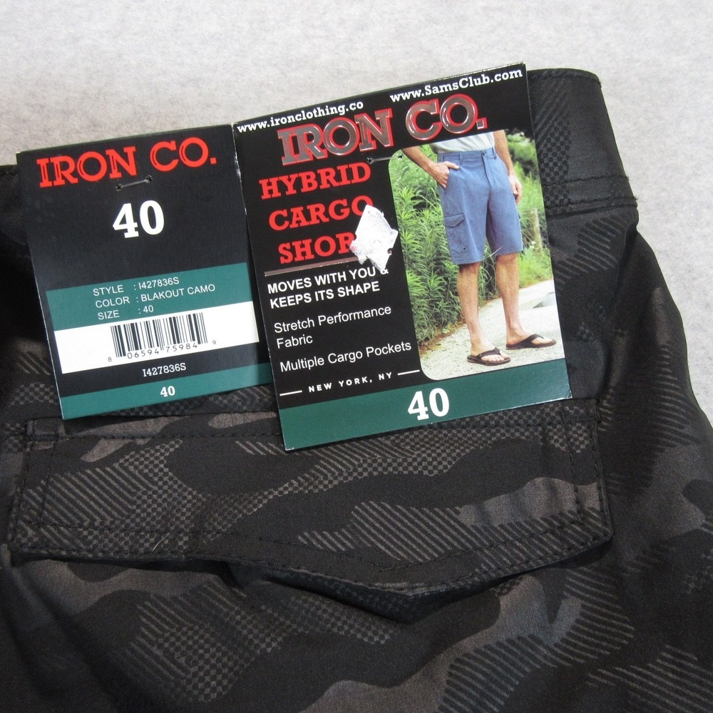 New Iron Co Mens Hybrid Cargo Shorts 40 x 11 Black Out Camouflage Stretch - Picture 2 of 8